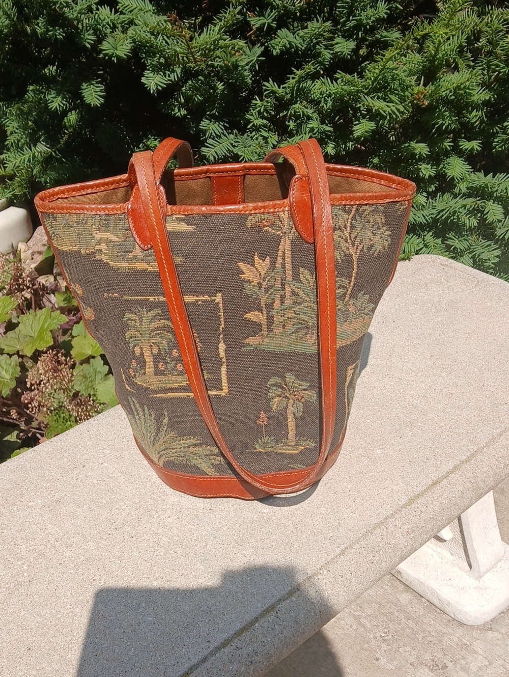 Tommy Bahama tropical palm tree tapestry bucket tote bag Vintage